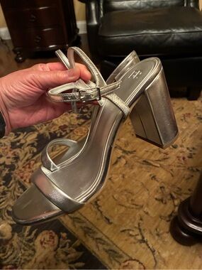 New Metallic Silver Block Heel Sandals with Ankle Strap